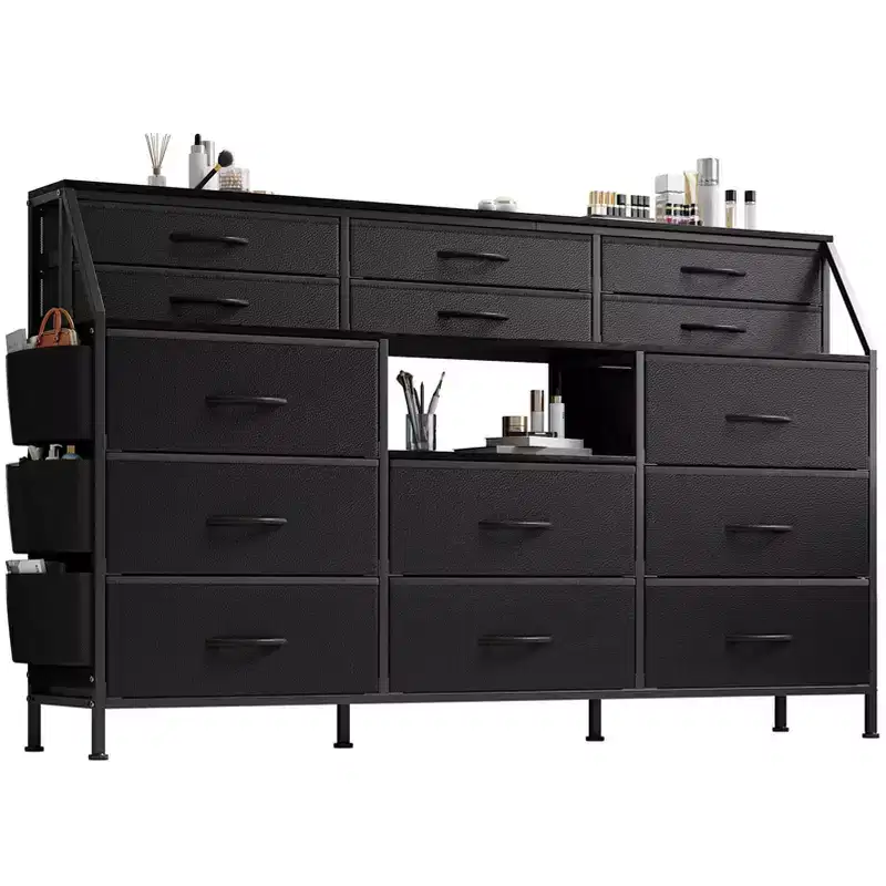 Dresser TV Stand with 14 Fabric Drawers, Bedroom Dresser with Metal Frame and Wood Top Open Shelves for Bedroom for Living Room, Bedroom, Closet
