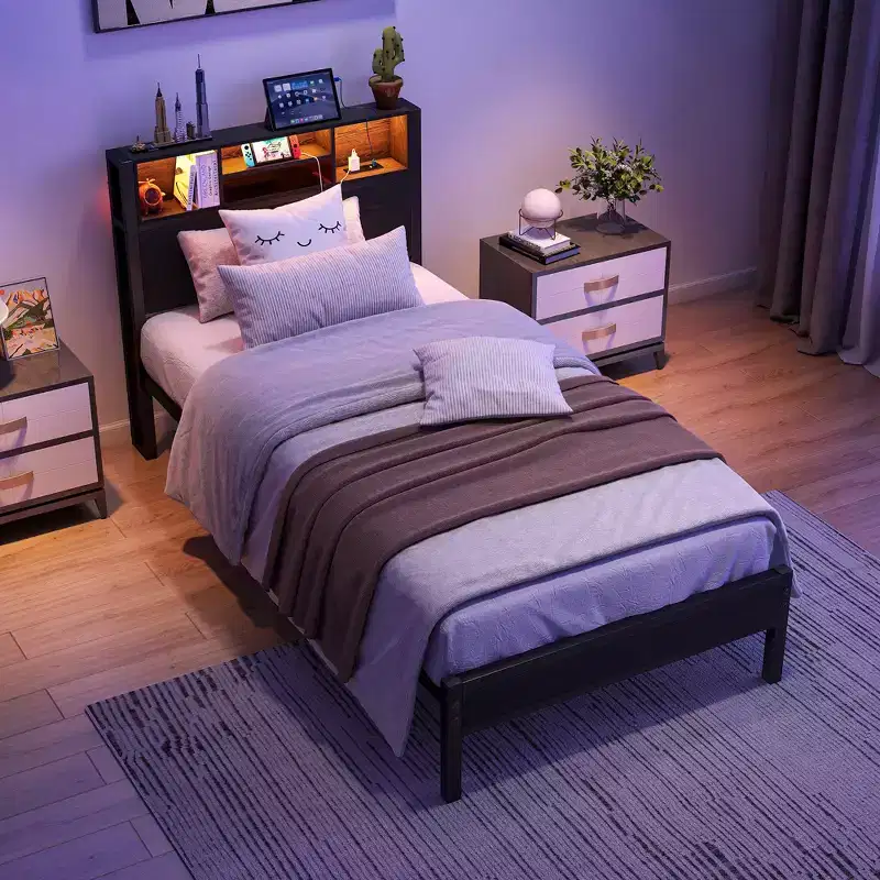 Modern Twin Size Metal Platform Bed Frame with Storage Headboard, Charging Station and LED Lights