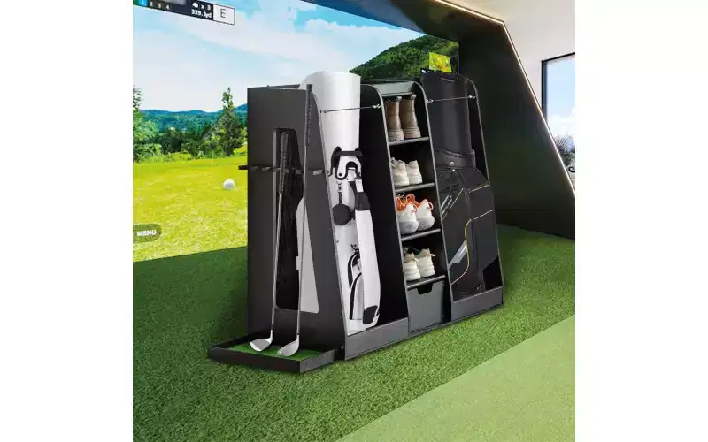 Zevemomo 55.5x16x37 Wooden Golf Bag Organizer with 2 Drawers, Golf Storage Rack & Club Holder on Side,Stand for Garage Home, Black