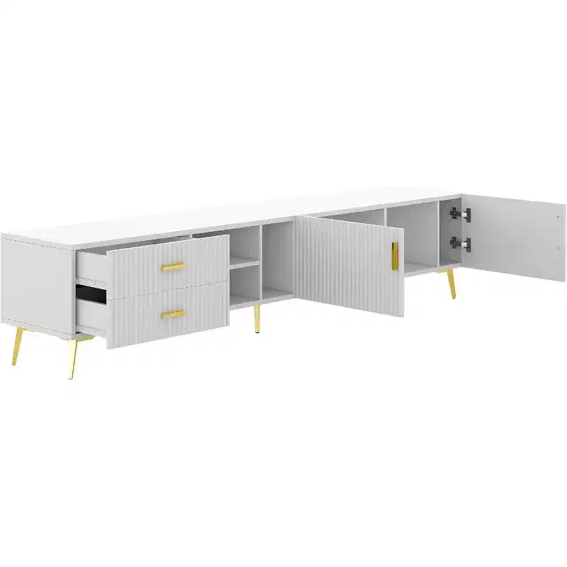 Acekool Modern TV Stand with 4 Hidden Storage Spaces, 3 Open Shelves & 2 Drawers, Supports TVs up to 77, White with Champagne Legs