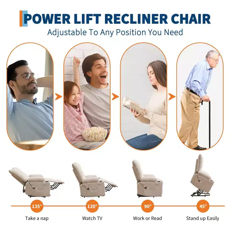 Power Lift Recliner Chair for Elderly - Electric Massage & Heat Recliner with 45 Assist Stand, Living Room Sofa, Swivel Rocker with Cup Holders