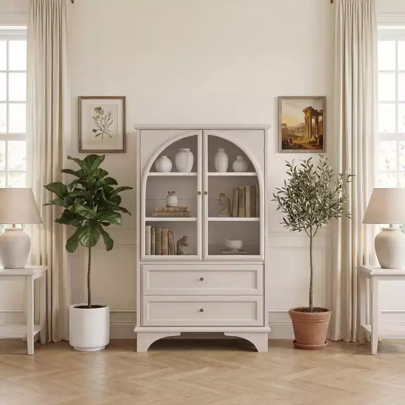 White Glass Door Display Cabinet with 2 Drawers & Adjustable Shelves for 1