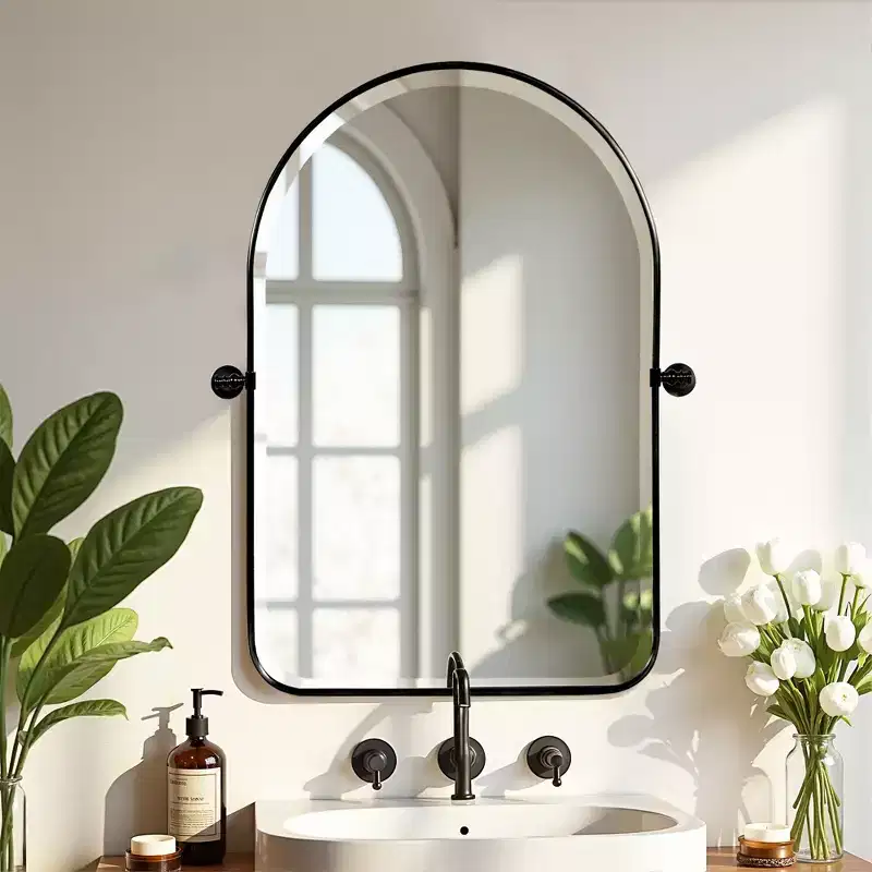31.50x23.62x1.57in Wrought Iron Rounded Arch Black Metal Hanging Mirror