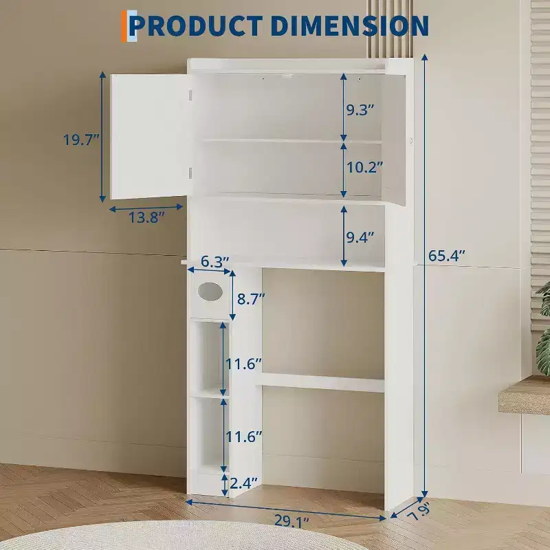 Freestanding Over-The-Toilet Storage Cabinet, White Bathroom Organizer, Adjustable Shelves, Space-Saving Design for Small Bathrooms