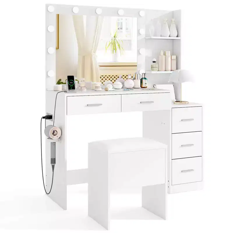 Costway 43.5 Makeup Table Set Vanity Desk with Storage Stool Power Outlets 2 Open Shelves