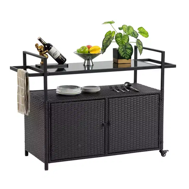Bar Serving Cart Outdoor Wicker Wine and Beverage Counter with Glass Tabletop for Patio , Black, 51.18*19.69*35.43