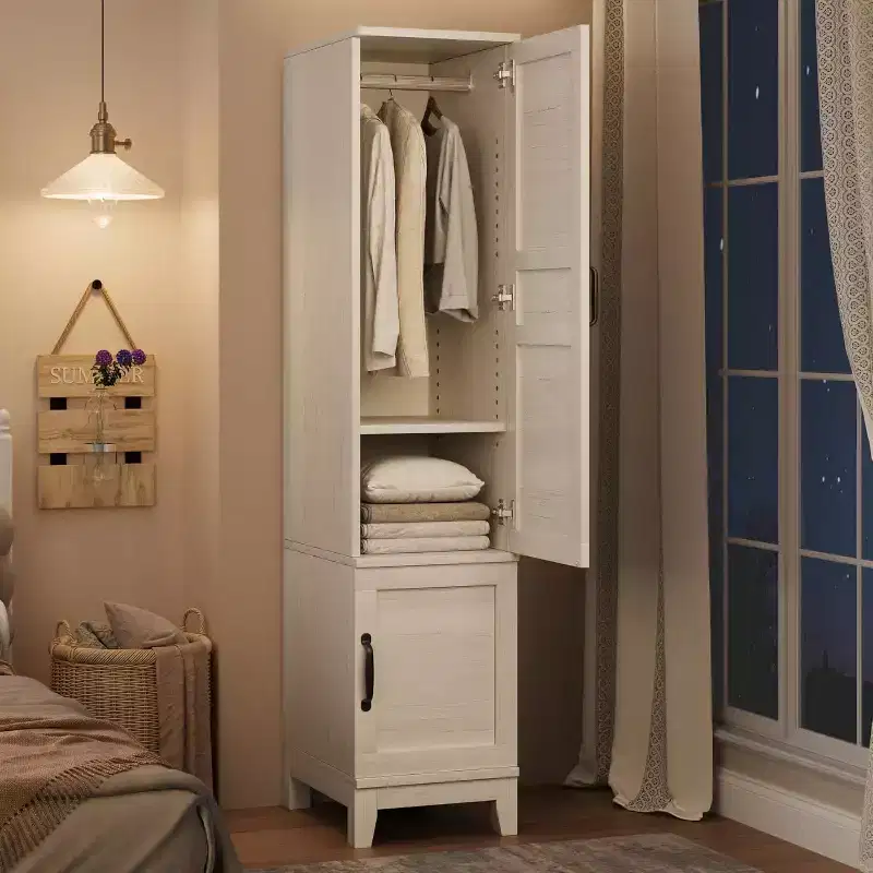 Double-door wardrobe, 72-inch wooden wardrobe with hanging rod, featuring 18 adjustable shelves, ideal for bedroom clothing storage.
