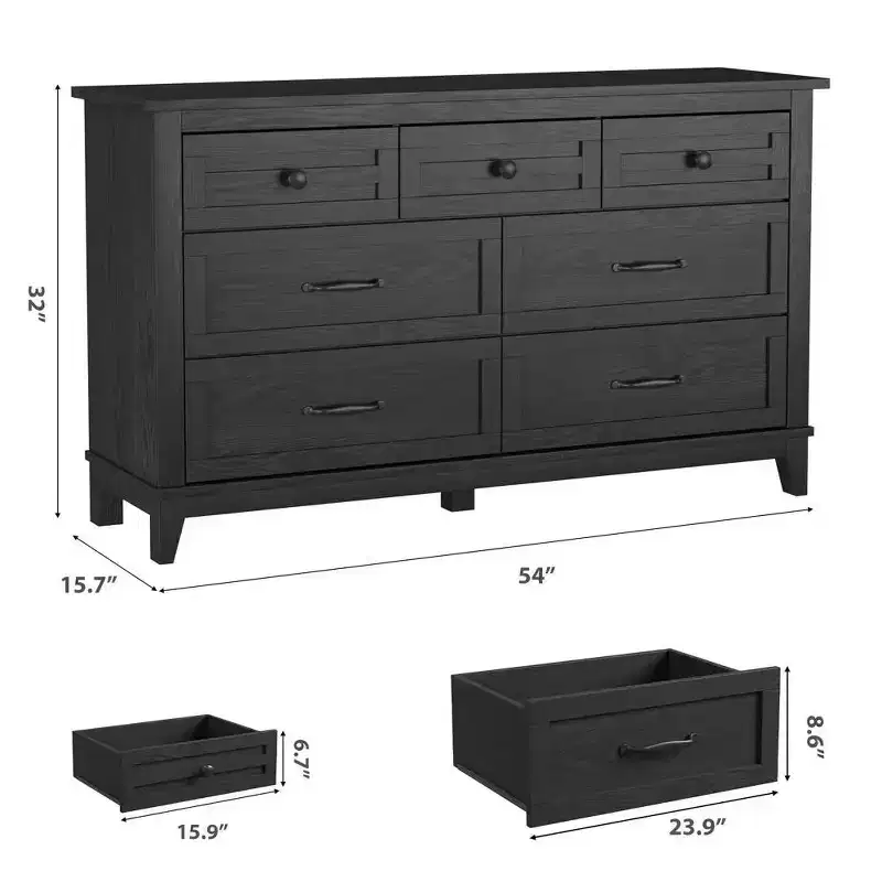 7 Drawer Dresser, 54 Wide Chest with Storage, Wooden Closet Organizer for Bedroom, Living Room, Entryway
