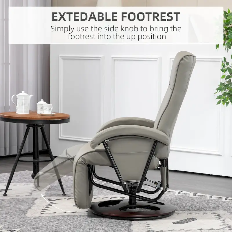 HOMCOM PU Recliner with Footrest, Lounge Chair with 135 Adjustable Backrest, Swivel Wood Base