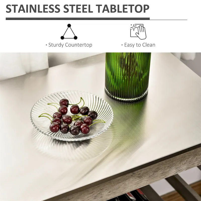 Rolling Kitchen Cart with Stainless Steel Countertop