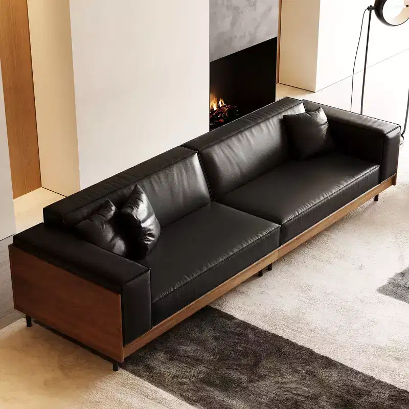 98.42 Contemporary Leather Sofa Couch with Solid Wood Frame, Metal Legs and 3 Accent Pillows