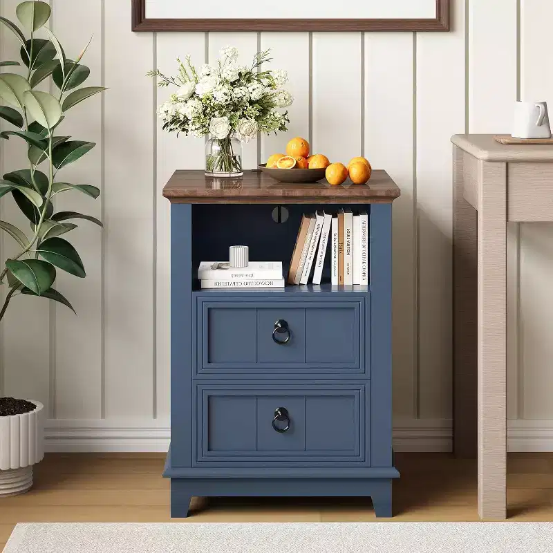 18 Wood Nightstand, Modern Fluted Night Stand, Two Drawer Filing Cabinet with Shelf, Bedside End Table for Living Room