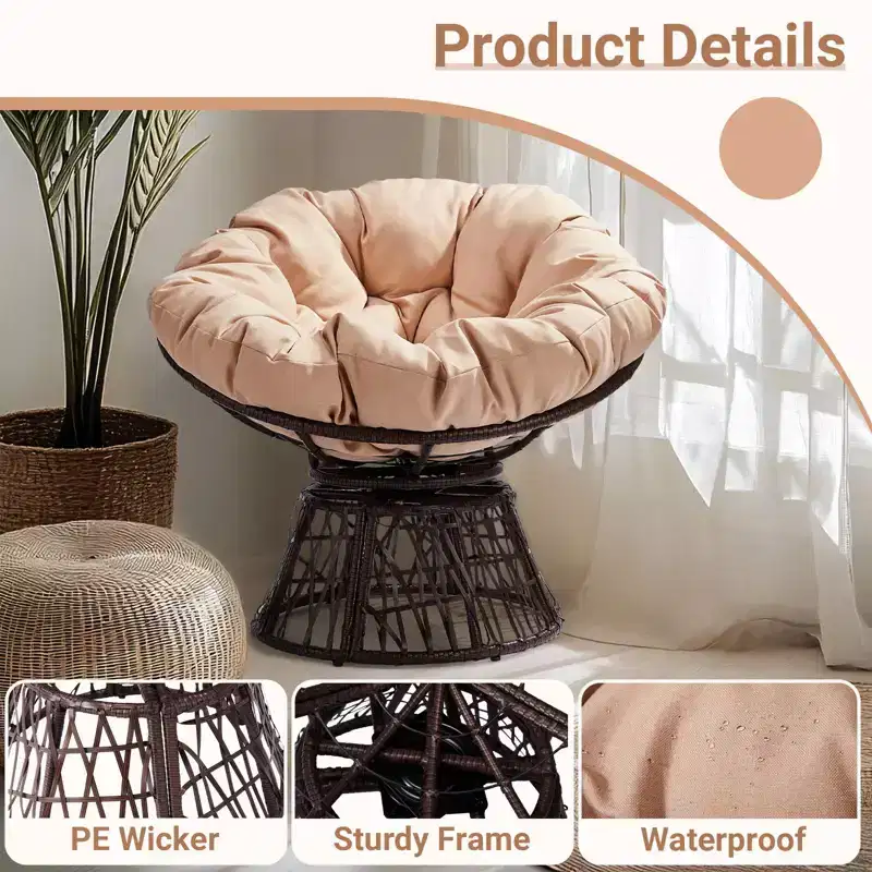Karl Home | Brown Wicker Swivel Accent Chair With Beige Cushion