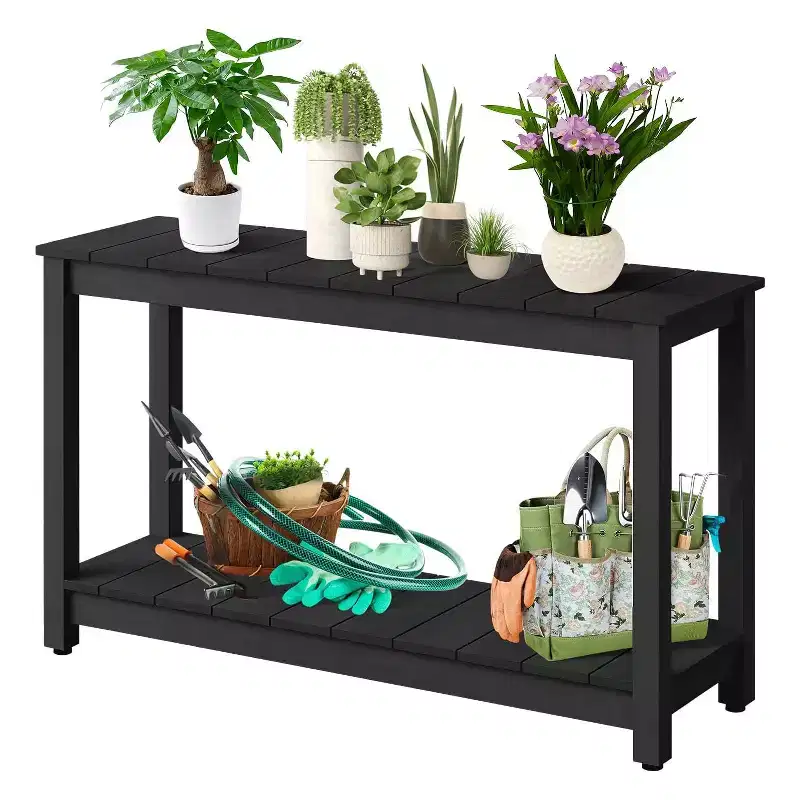 48 Inch 2-Shelf Console Table, Adjustable Foot Pad, Wooden Bar Storage Organizer, for Patio, Porch, Backyard, Garden