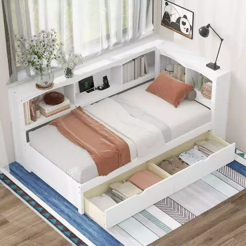 Twin Size Daybed with Trundle and Bookcase, L Shaped Daybed with Shelves & USB Ports, Twin Corner Bed Frame with Headboard