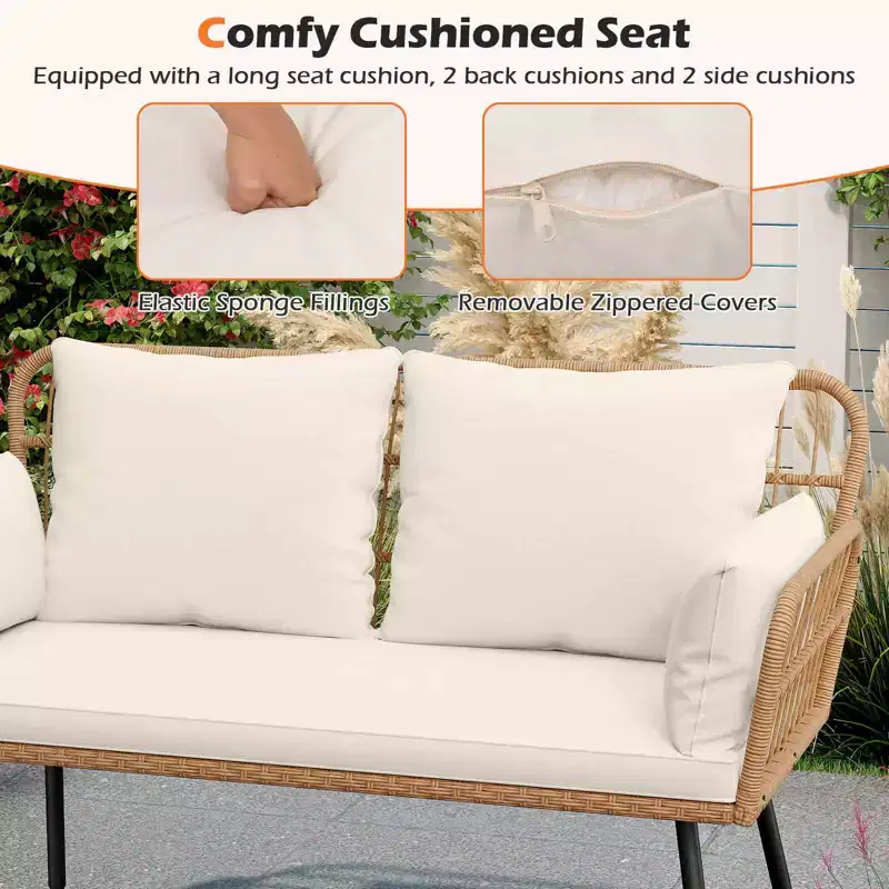 Costway Patio Wicker Loveseat Furniture with Seat Back Cushions, Heavy-Duty Metal Legs Off-White/Black