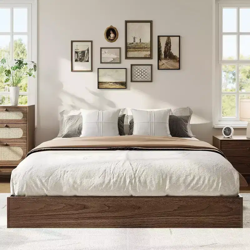 Solid Wood Platform Bed Frame with Sturdy Wooden Slats, Floor-Standing Minimalist Design, Walnut Finish, No Box Spring Needed