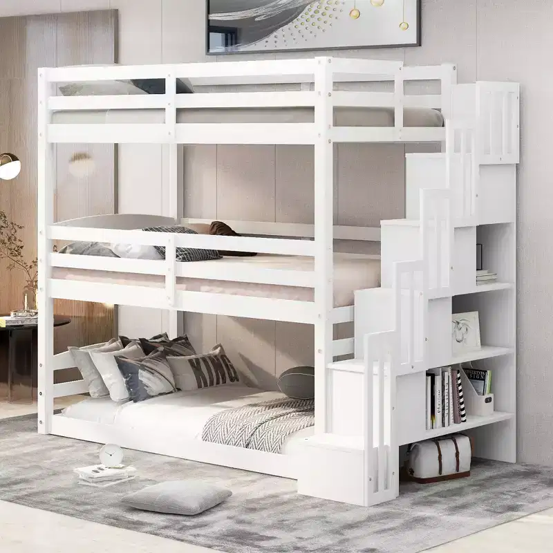Twin Size Triple Bunk Bed with Storage Staircase, Convertible 3-in-1 Wooden Bunk Bed Frame with Safety Rails, White -