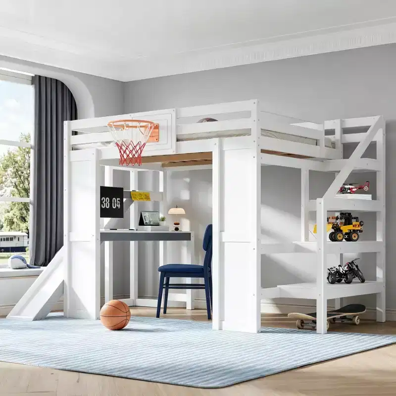 Luxystar Full Wooden Loft bed with Desk, Slide, Basketball hoop and Storage Staircase for Kids and Teens