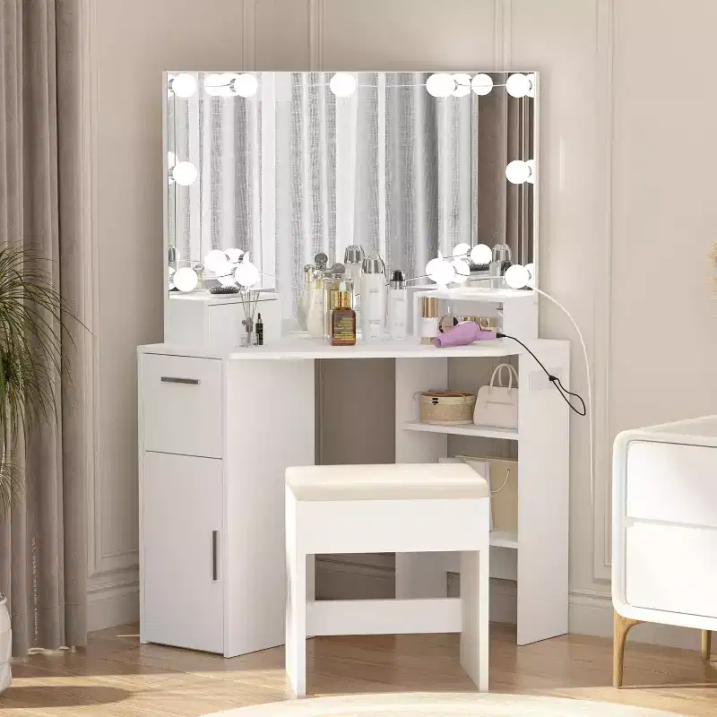 Modern Corner Vanity Makeup Desk with Vanity Mirror,Built-in Power Outlet with Drawers & Cabinets,Open Storage,for Bedroom