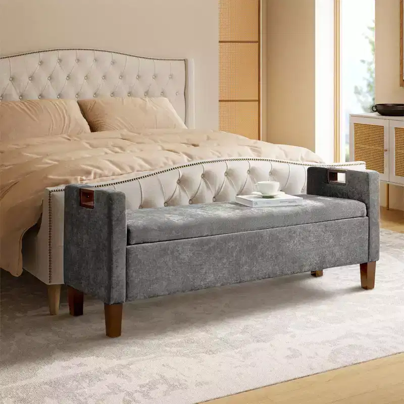 Storage Bench with Solid Wood Legs and Hollow Handles