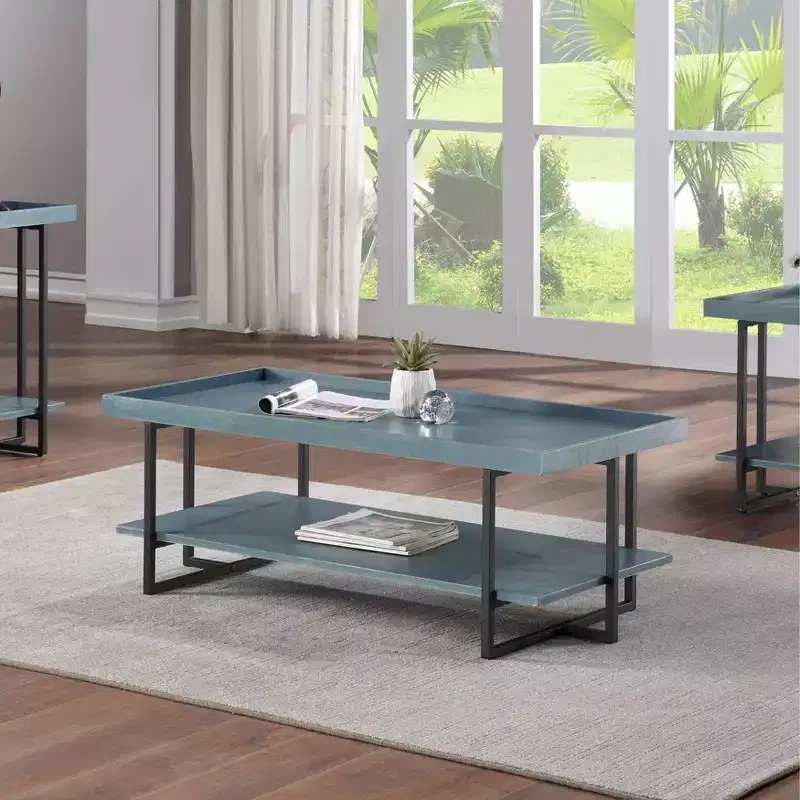 HOMES: Inside + Out Grislare Rectangular Coffee Table Blue: Contemporary Rustic Design, Open Storage Shelves, Metal & MDF
