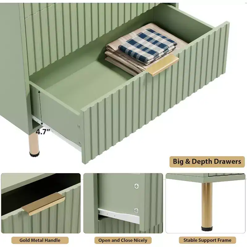 Fluted 5 Drawer Storage Dresser, Tall Modern Chest with Ample Deep Drawers and Wide Top, Wooden Organizer for Living Room, Hallway, and Kids Room