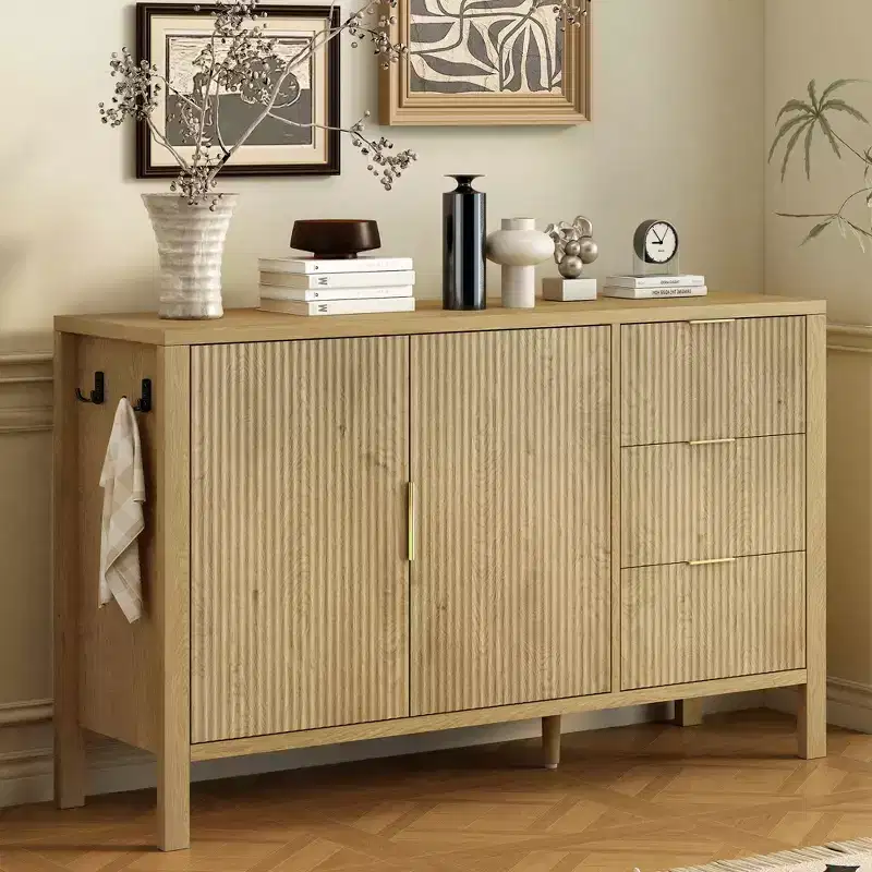 JVNOXK U-Shaped Modern Wavy 3-Drawer Sideboard with Hooks and Center Leg Storage Cabinet, Suitable for Living Rooms, Natural Finish