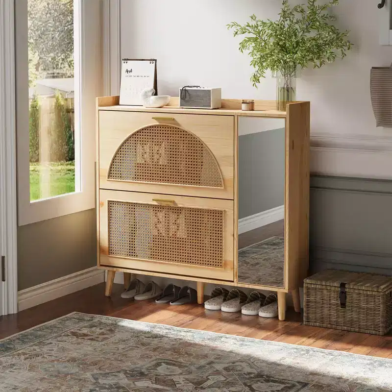 Acekool Rattan Shoe Cabinet with Mirror 2 Flip Drawers Adjustable Shelves for Entryway