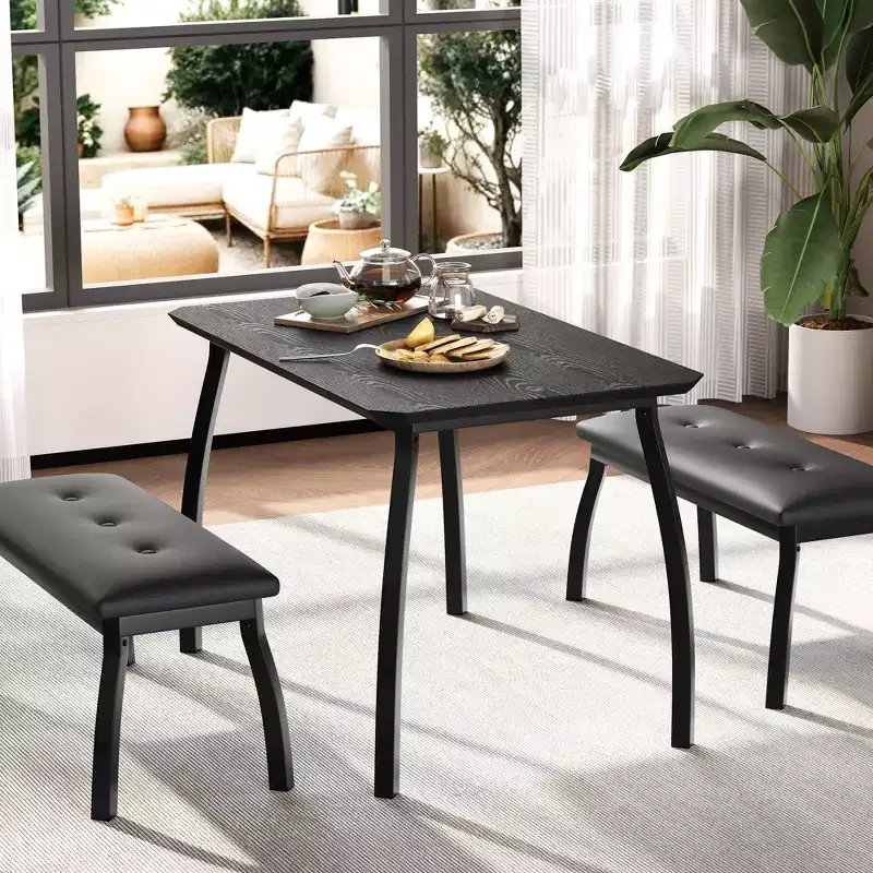 Dining Table Set for 4, Metal Frame Kitchen Table Set with 2 Upholstered Bench, 3 Piece Dining Room Table Furniture for Apartment, Studio, Home