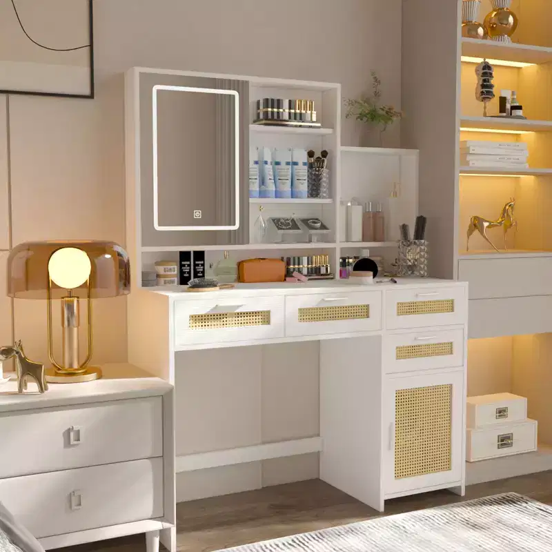 Okak Vanity Table with Lights, 3-Color LED Lighting & Flip Mirror, 4-Drawer Vanity Desk with Cabinet-Shelf Storage System, White