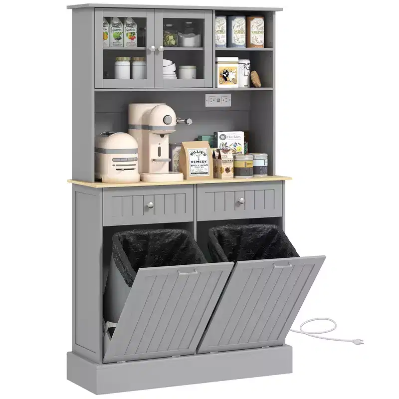 Kitchen Cabinet with Charging Station, 2 Tilt Out Cabinets, Microwave Stand, Freestanding Kitchen Pantry Cabinet
