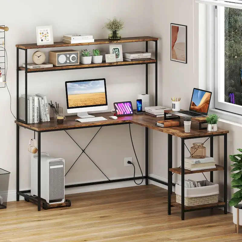 L-Shaped Gaming Desk with LED Strip & Power Outlets