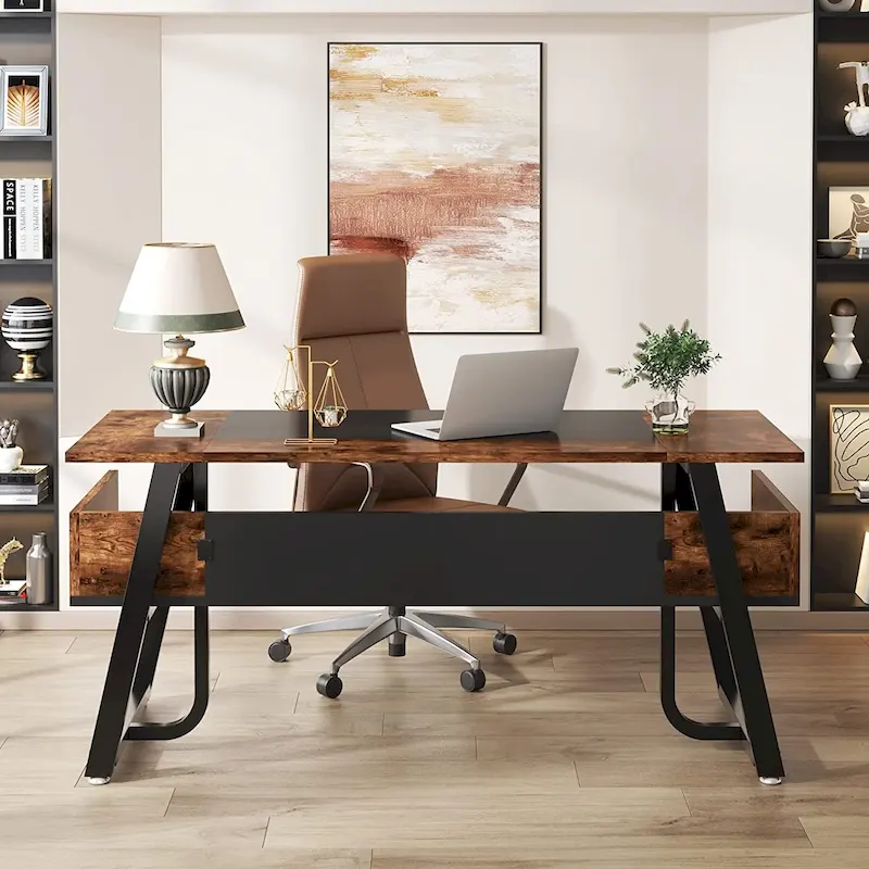 Executive Office Desk with Storage Shelf – Business Workstation Writing Desk