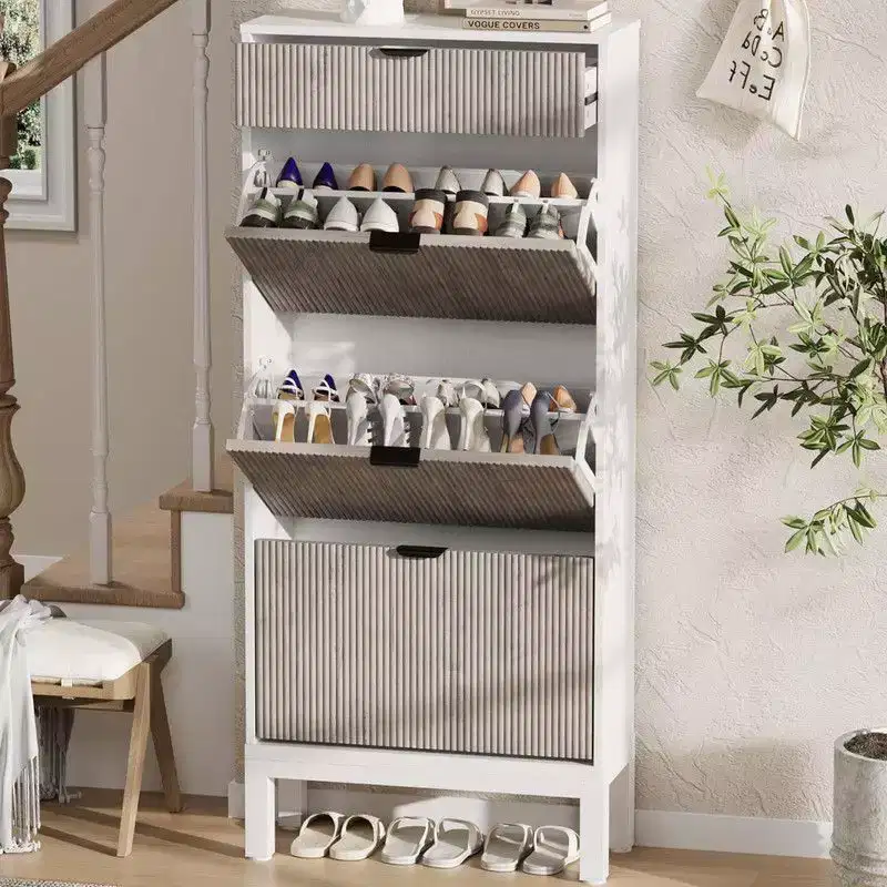 Shoe Storage Cabinet with 3 Flip Drawers, Entrance Wooden Shoe Rack with Iron Legs