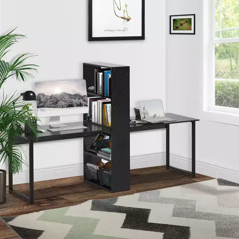 HOMCOM 88 Extra Long 2-Person Computer Desk with Storage Shelves Combo, Double Workstation Storage Study Writing Table for Home Office, Bookshelf