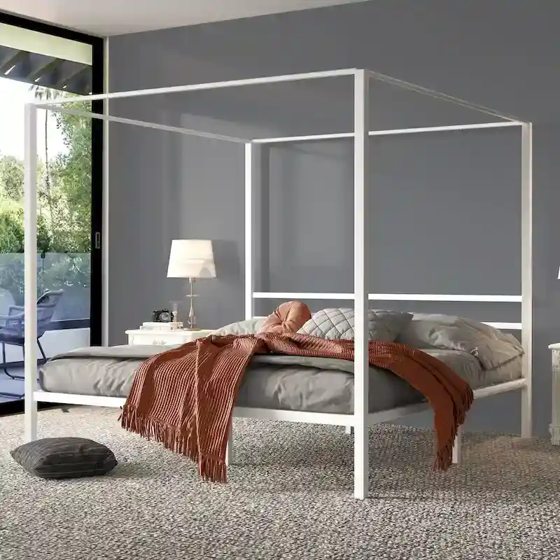 King Size White Metal Canopy Platform Bed Frame