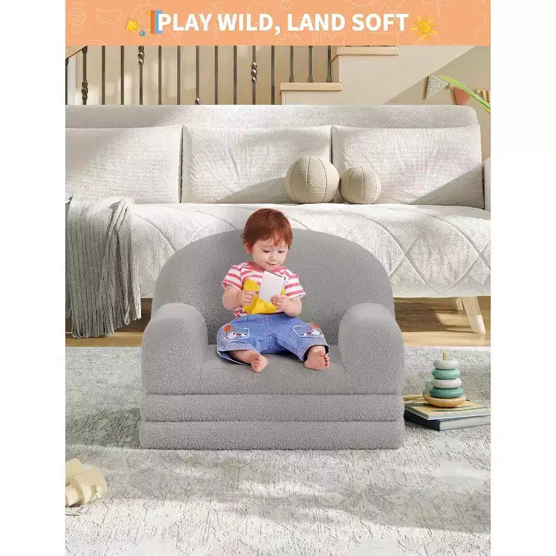 Acekool 2-in-1 Kids Convertible Couch, Soft Teddy Fleece Toddler Chair Transforms into Lounger or Bed, Plush Children's Sofa for Playroom and Nursery