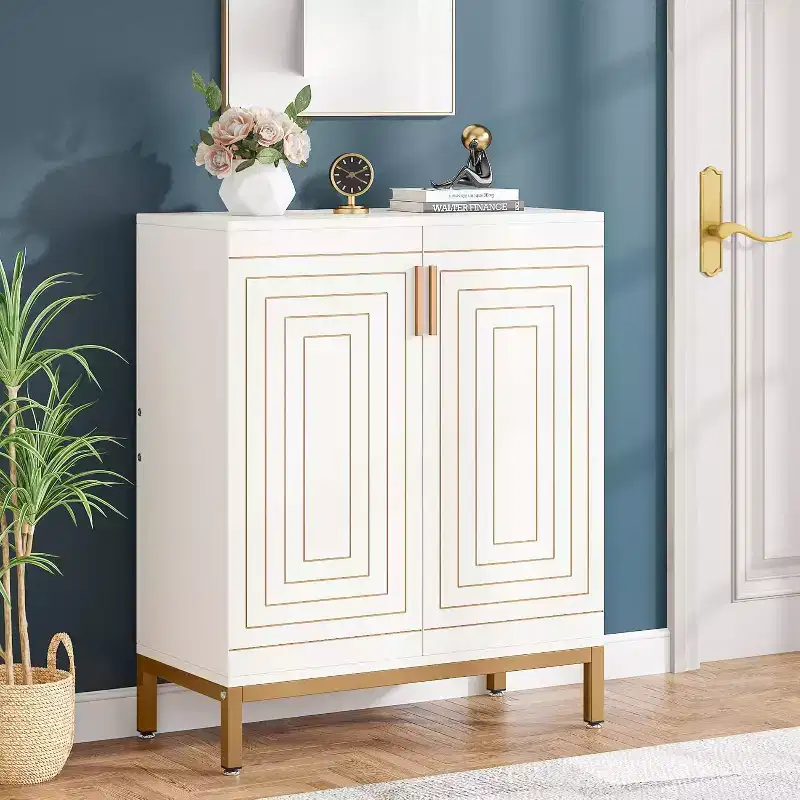Shoe Cabinet for 20 Pairs, 6-Tier Modern Storage Cabinet with Doors, Freestanding Entryway Organizer, White & Gold
