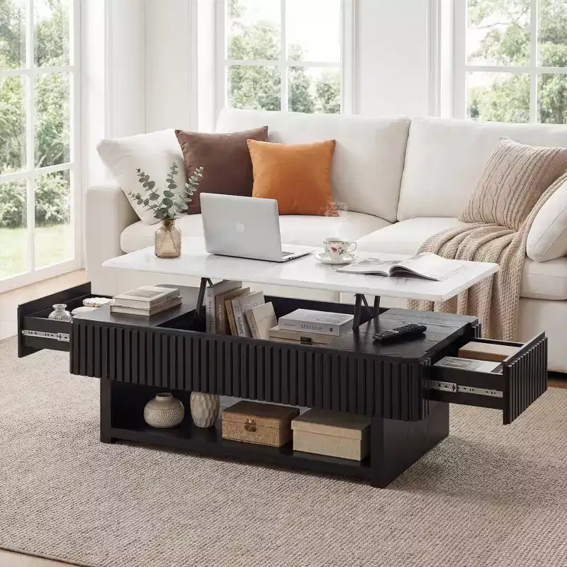 GDFStudio Modern 46.5 Multi-Functional Rectangle Lift Top Coffee Table with White Marble-Pattern Top and Solid Wood Strips