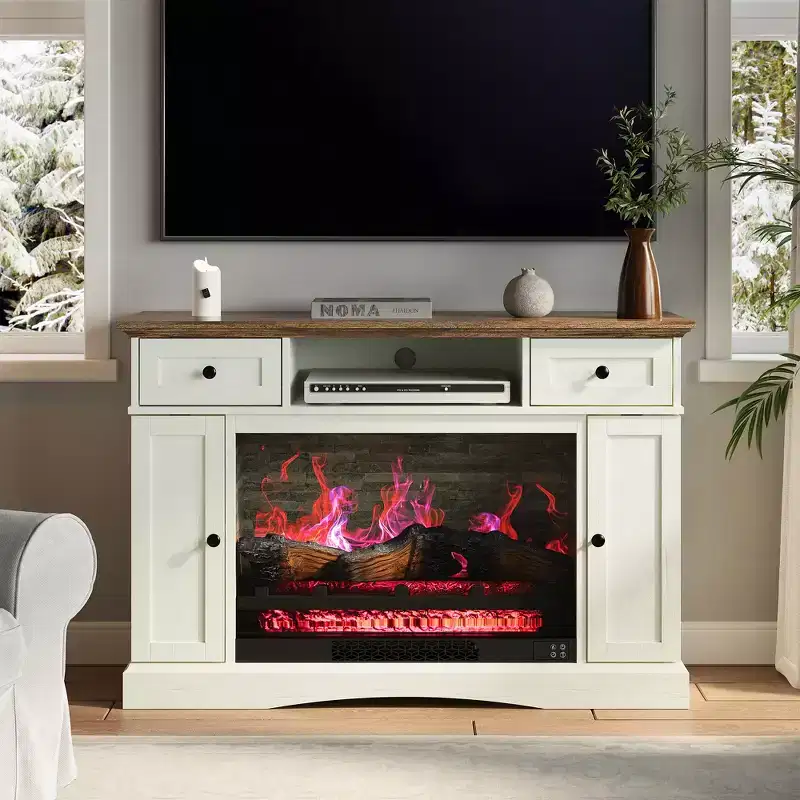Heynemo TV Stand with 28 Fireplace for TVs up to 55, Media Console Table with Adjustable Shelves, Double-door Design, Entertainment Center, White
