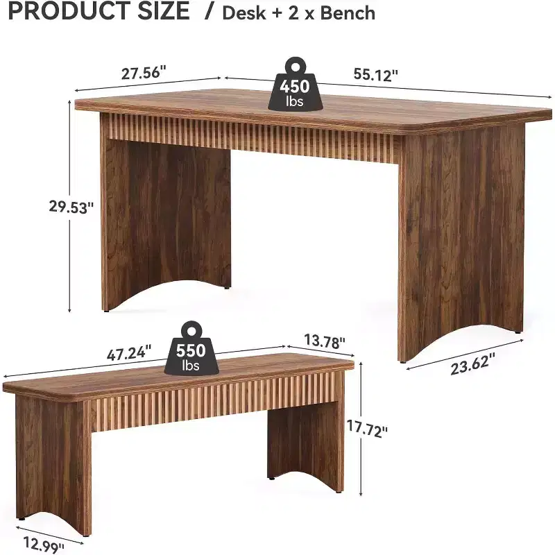 55 Dining Table with 2 Benches, Dining Table Set for 4-6 People, Farmhouse Kitchen Table with Bench, Dining Room Table Set