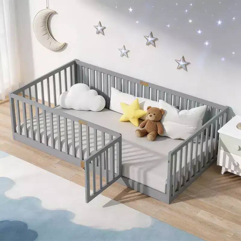 Sailvan Twin Floor Bed with High Fence Railings and Door,Solid Rubber Wood Kids Platform Bed Frame