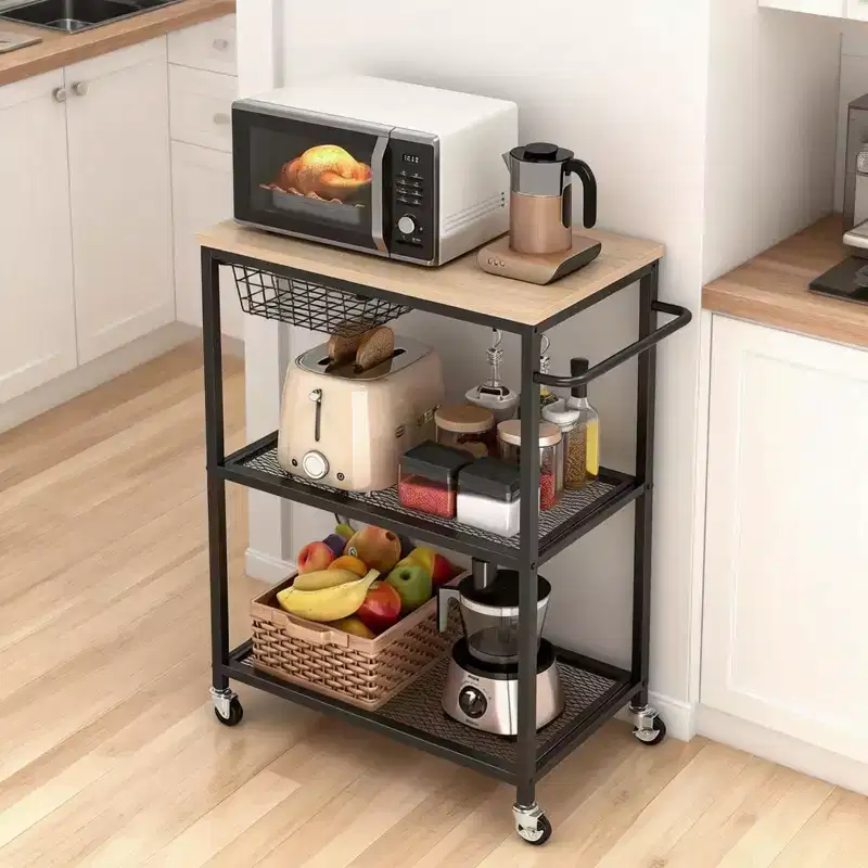 Microwave Kitchen Cart with Push Handle, 3 Tier Rolling Cart with 2 Lockable Wheels, Kitchen Storage Cart with Storage for Kitchen Island Restaurant
