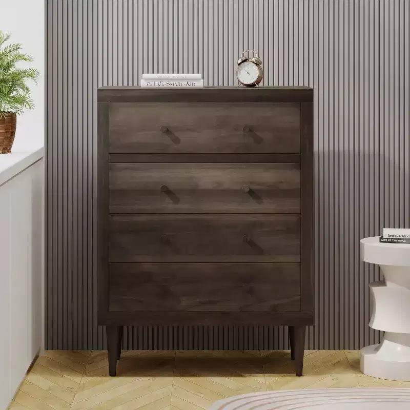 4-Drawer Chest with Tapered Legs and Faux Wood Finish, Mid-Century Modern Style