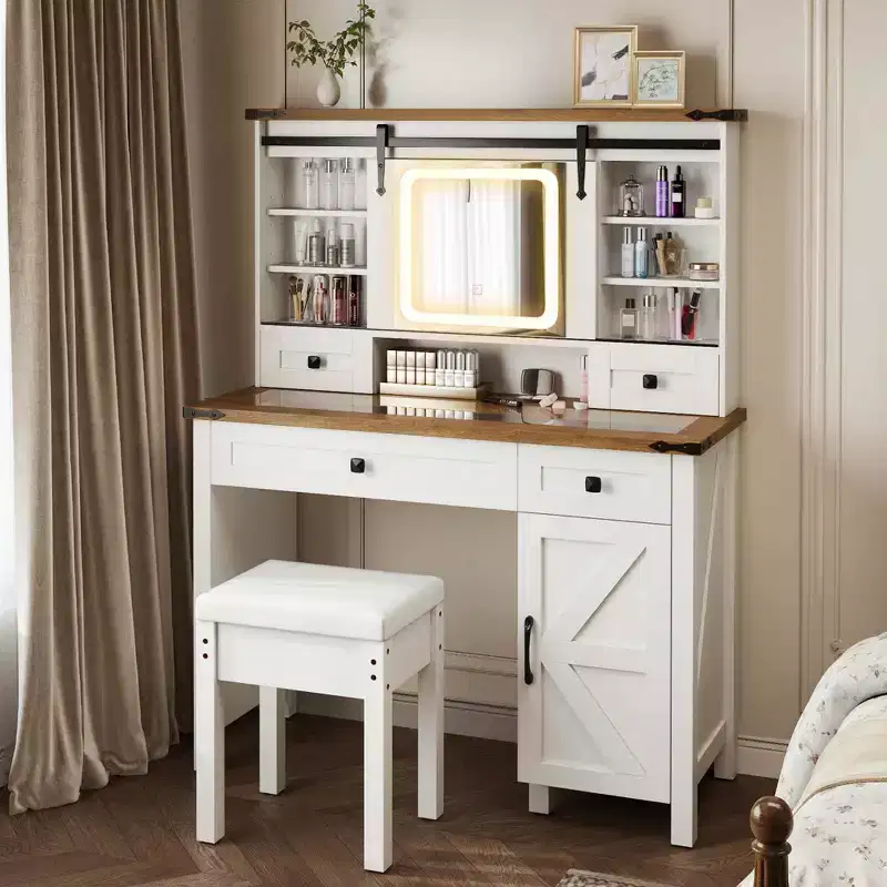 Farmhouse Vanity Desk with Sliding Mirror Makeup Vanity Table with 3 Lighting Modes