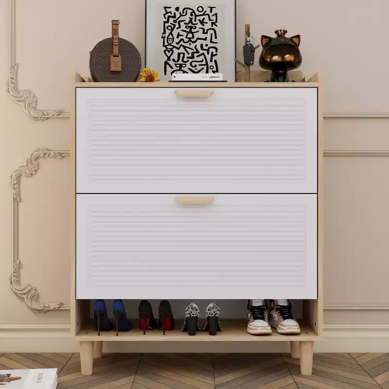 Nordic Style Shoe Storage Cabinet with 2 Flip Drawers Freestanding Organizer with Solid Wood Legs for Entryway White and Solid Wood