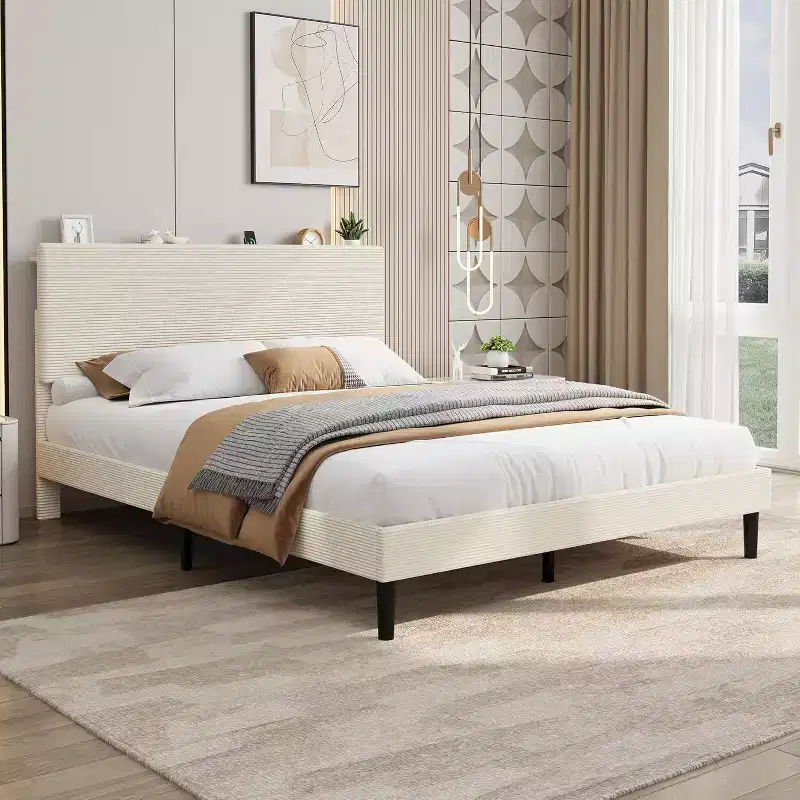 GustoWave Corduroy Upholstered Platform Bed Frame with Charging Station Headboard