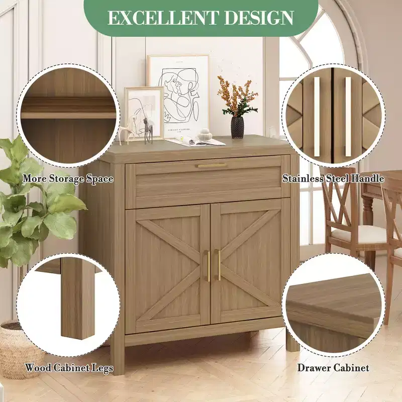 1 Drawer and 2 Doors,Storage Cabinet, Modern Sideboard Buffet Cabinet with Adjustable Shelf,