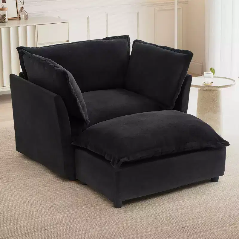 MAYEERTY Modern Armchair Sofa 47 Upholstered Sofa with Movable Ottoman Wide Seat Soft Pillows for Living Room Black